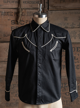 NON STOCK西部牛仔刺绣长袖衬衫rockabilly黑色音乐家绣花厚衬衣