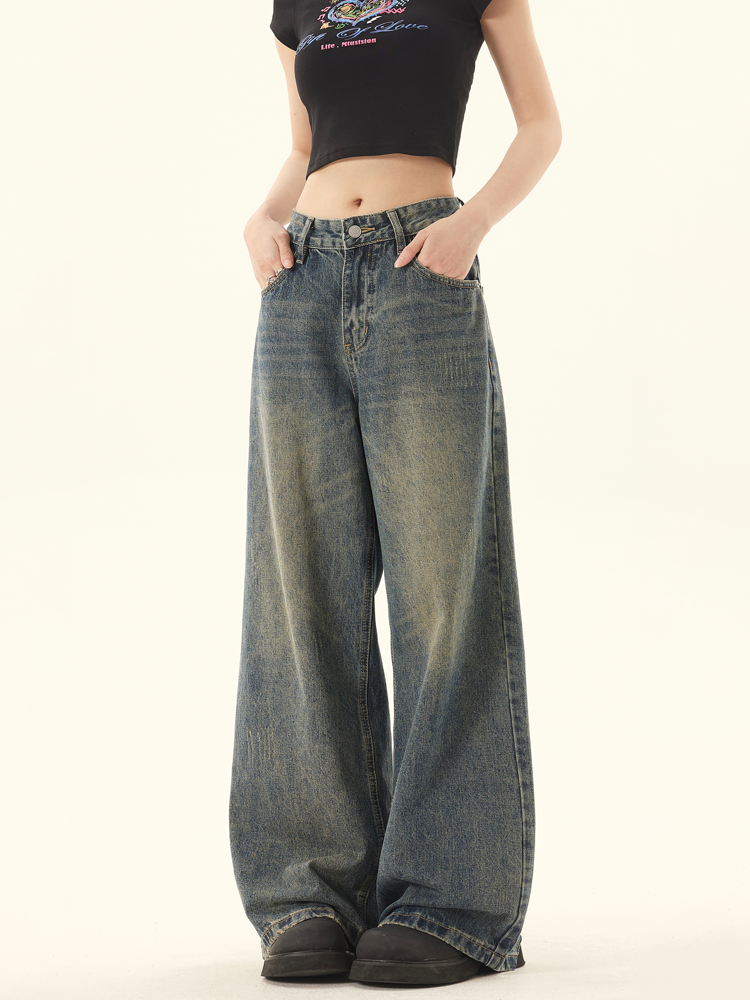 Wild Azi American Style Washed Vintage Straight Jeans For Men And Women Summer Loose Wide-Leg Casual Pants_voghion.com