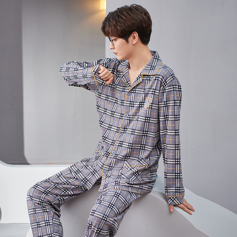 莲帝儿春秋款睡衣男士格子长袖纯棉中老年加肥加大家居服全棉套装