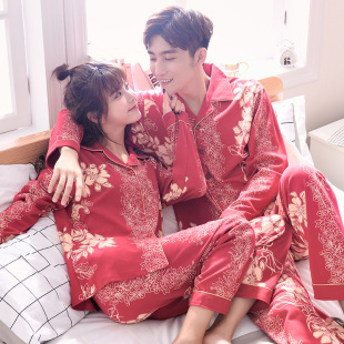 结婚新婚新娘喜庆大红色全棉男套装 春秋季 情侣睡衣女纯棉长袖