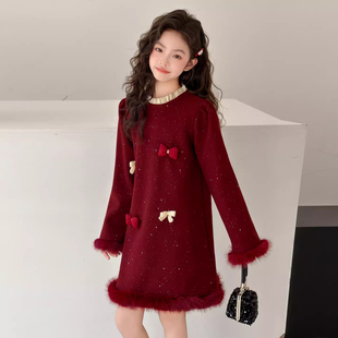 女童冬装高级感连衣裙儿童红色拜年礼服加绒裙子大童好看公主裙厚