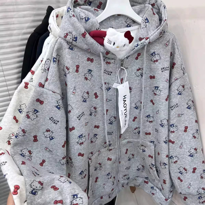 女童韩版kt猫满印加绒外套秋冬季2025新款中大儿童卫衣连帽衫上衣