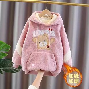 女童加绒卫衣中长款2025冬新款大童毛毛衣洋气儿童冬季加厚羊羔绒