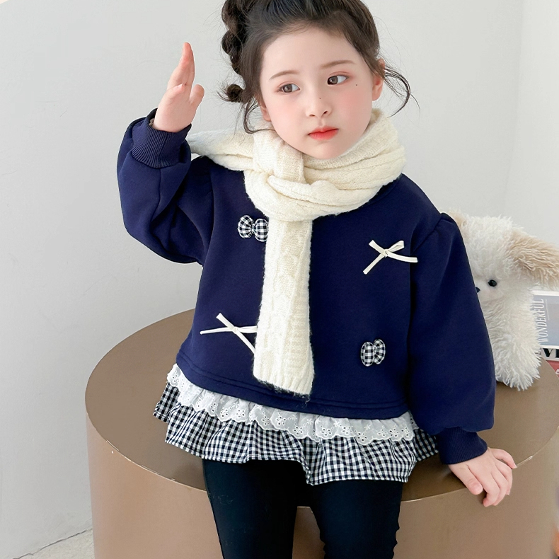 韩版童装冬装女童格子拼接卫衣加绒儿童蝴蝶结上衣女宝宝套头衫