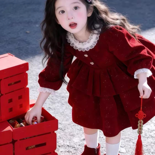 女童红色闪闪丝绒加绒连衣裙蛋糕裙2026冬季女孩公主裙新年蓬蓬裙