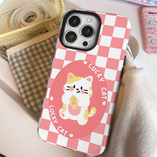 粉色格子猫咪iPhone15二合一菲林适用16plus韩系卡通苹果12/13简约趣味14promax小众iphonex防摔保护xr手机壳