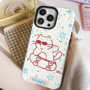 泼墨星星线条小猫iPhone16二合一菲林适用15plus可爱卡通苹果12/13新款14promax创意iphonex防摔保护xr手机壳