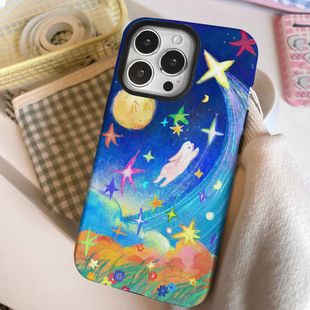 油画星星月亮兔子iPhone16二合一菲林适用14plus艺术创意12/13卡通15promax个性小众iphonex防摔保护xr手机壳
