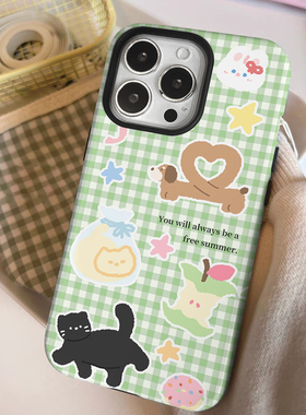 小清新绿色格子黑猫iPhone15二合一菲林适用16plus腊肠狗苹果12/13可爱14promax小众iphonex防摔保护xr手机壳