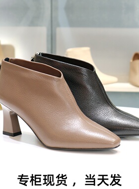 COMELY康莉2025深口粗跟方头单鞋后拉链时尚靴裸靴女靴子KYQ56399