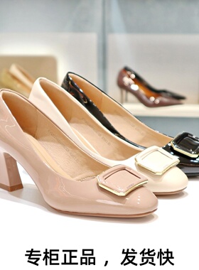 COMELY康莉2026新高跟鞋粗跟圆头漆牛皮搭扣气质女鞋单鞋KYQ55362