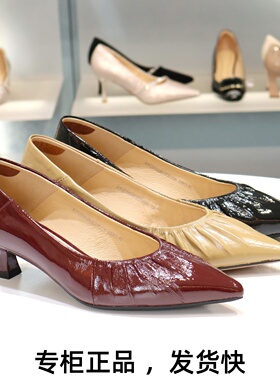 COMELY康莉2026新款尖头低跟细跟褶皱高跟鞋真皮女鞋单鞋KYQ55528