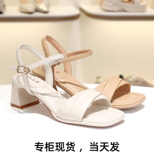 凉鞋 羊皮简约一字带时装 女D6L1D BELLE百丽2025夏方头粗跟凉鞋 特价
