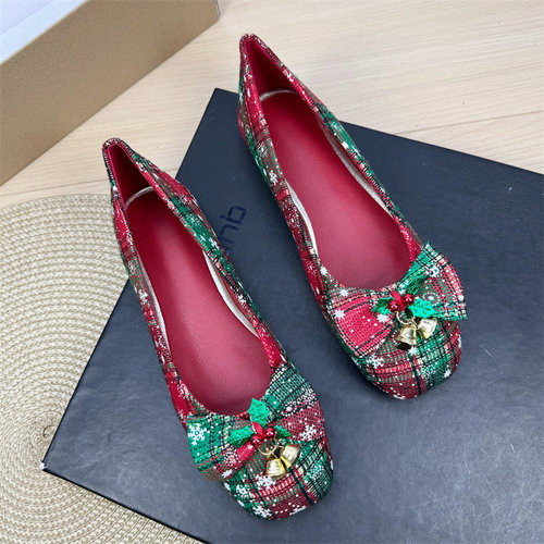 方头铃铛蝴蝶结圣诞平底鞋