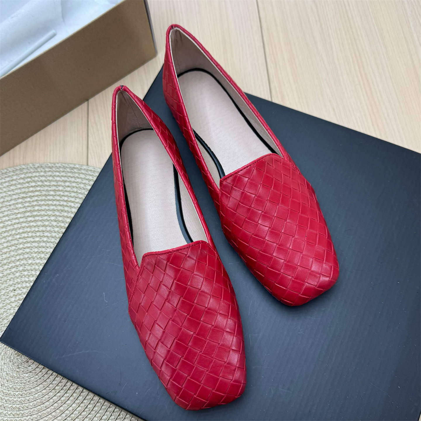 2026春季新款红色编织格纹豆豆鞋女平底方头一脚蹬休闲百搭乐福鞋,女鞋,乐福鞋（豆豆鞋）,淘宝优惠券,粉丝福利购,淘宝优惠卷
