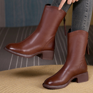 软皮长靴纯皮大码女靴子中筒靴真皮低跟全牛皮加绒靴子小香风靴子