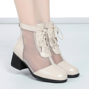 粗跟夏季 软皮网靴女夏镂空中跟中年妈妈鞋 网纱凉靴马丁靴夏薄款