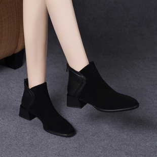 裸靴软皮马丁靴 2024新款 春秋季 磨砂短靴女粗跟中跟女鞋 秋冬真皮鞋