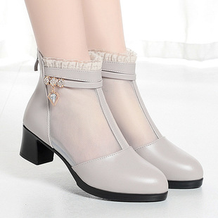 新款 女凉靴中跟网纱鞋 网靴女春夏季 单鞋 女粗跟透气凉鞋 舒适妈妈鞋