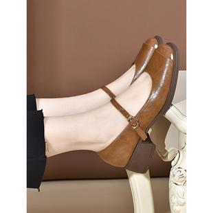 女2025新款 方头粗跟小皮鞋 中跟浅口单鞋 春秋季 春款 真皮玛丽珍女鞋