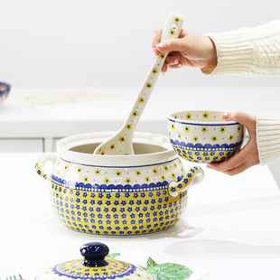 MY家 - 波兰手绘陶瓷 锅具组合 带盖汤锅/勺子形味碟/长柄大汤勺