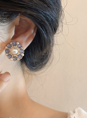 轻奢温柔法式珍珠紫色圆形耳钉贵气宫廷风旗袍汉服配饰蚊香盘耳夹