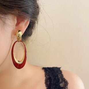 复古港风小众镂空酒红椭圆无洞耳钉气质夸张简约高级感蚊香盘耳夹