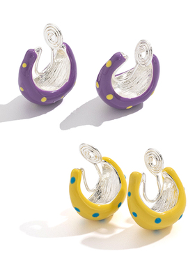 清新时尚紫色滴釉波点C形无耳洞耳饰夏日潮流新款蚊香盘耳夹耳针