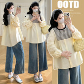 孕妇春装 时尚 上衣2026新款 假两件拼接衬衫 潮妈200斤 春秋时尚 大码