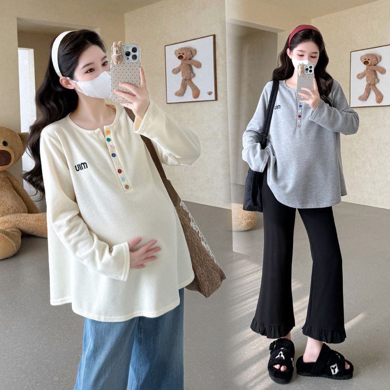 大码孕妇装刺绣t恤2025春秋装新款长袖小衫甜美宽松休闲上衣200斤