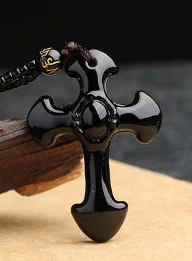 天然黑曜石十字架吊坠玉石冰种潮男女款挂坠项链时尚挂件礼物