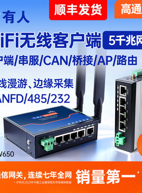 有人WiFi无线客户端串口服务器千兆5网口无线AP/WIFI5双频中继桥接漫游路由器交换机网桥485/232/CAN网关W650