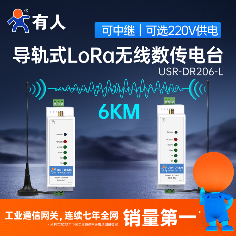有人LoRa DTU模块数传电台导轨中继组网传输点对点数据收发DR206