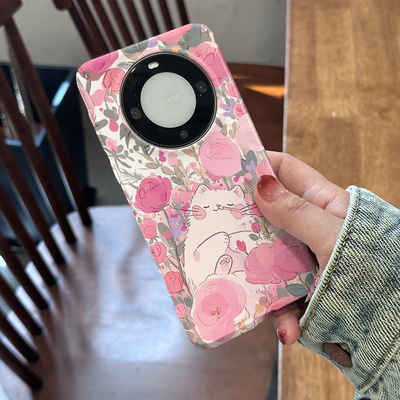 花丛中小猫 适用于华为Mate60Pro手机壳全包边菲林亮面硬壳Mate60时尚简约个性创意保护套男女卡通新款可爱