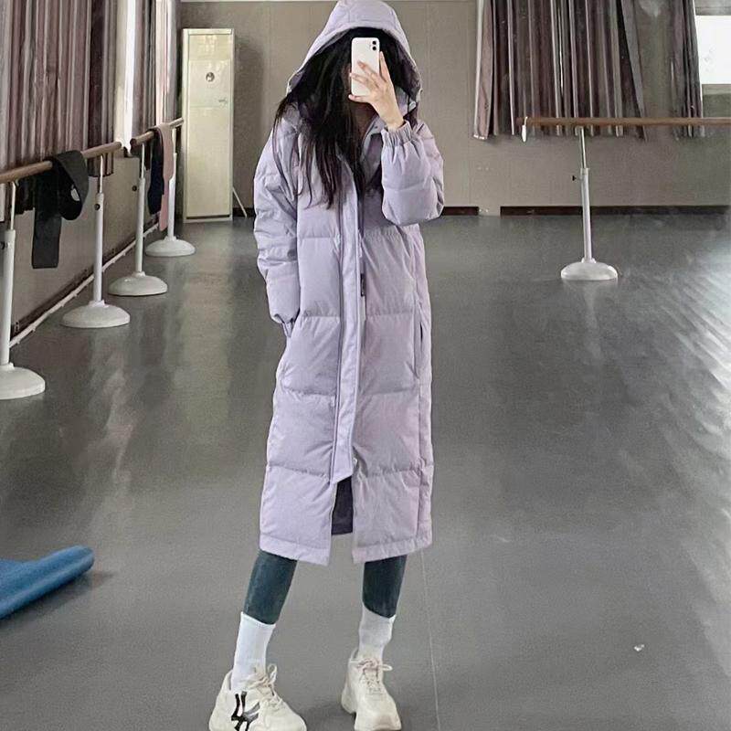 2025冬季时尚韩版紫色长款过膝中戏棉服女宽松连帽学生加厚棉衣潮