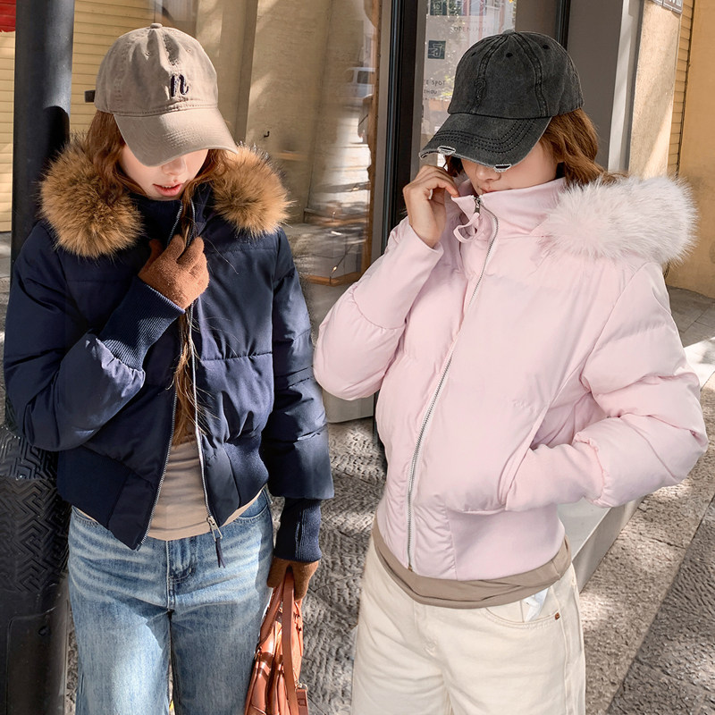 2025冬季新款粉色短款棉服女连帽大毛领收腰显瘦手套口小个子外套