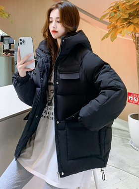 反季新款韩版冬季女装连帽百搭面包棉服学生宽松黑色中长款外套女