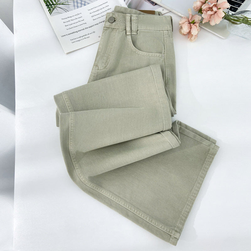 002 卡其色绿阔腿牛仔裤女春季2026年新款直筒休闲长裤子