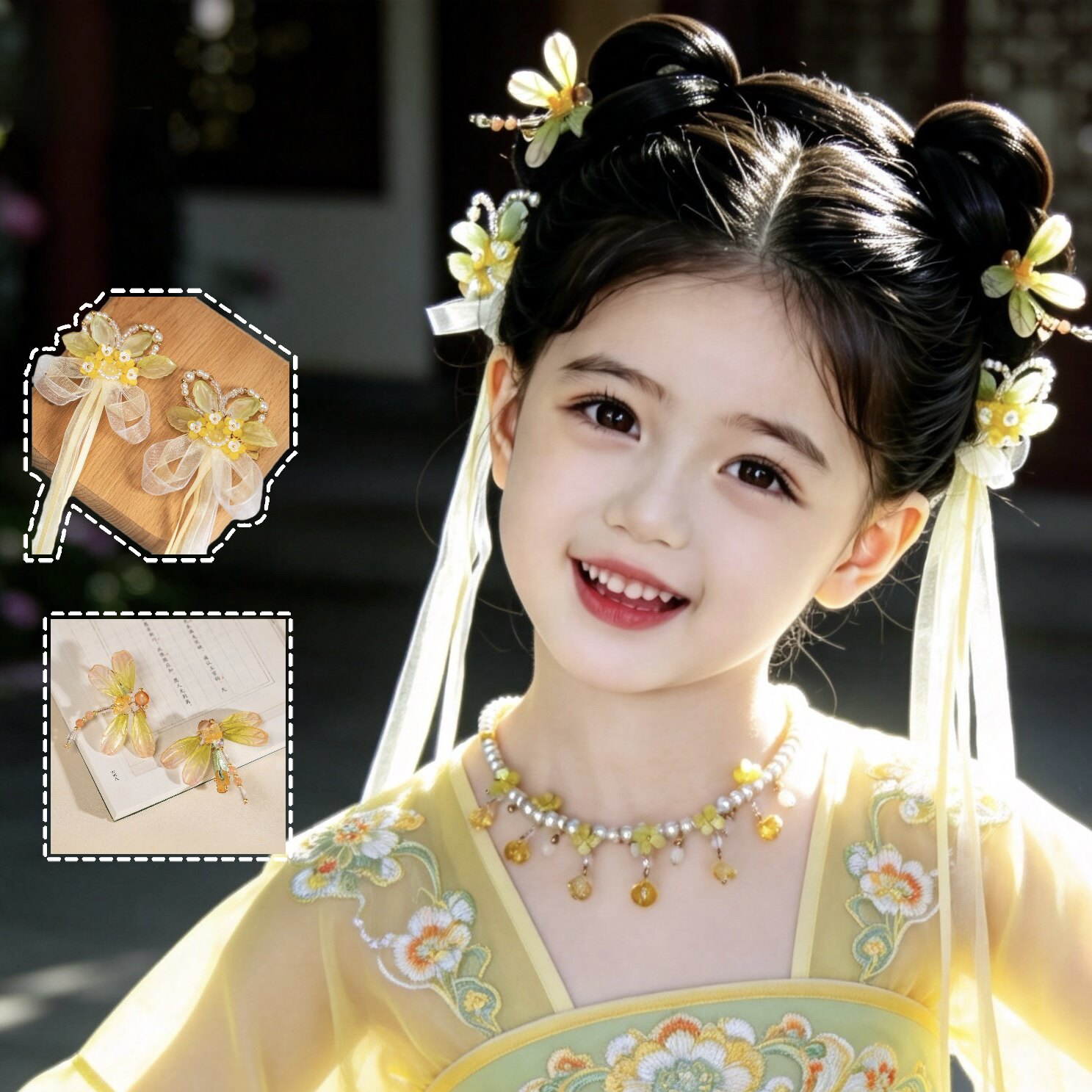 中秋女童汉服发饰黄蜻蜓流苏对夹发饰