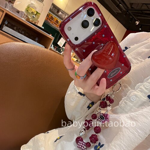 babypain ins高级感复古樱桃红色波点适用iPhone17promax手机壳苹果16pro爱心支架15pro挂绳防摔新款18pro女