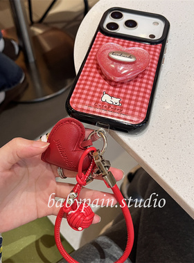 babypain 秋冬复古红色格纹皮质适用iPhone17promax手机壳苹果16pro爱心支架15pro挂绳防摔14pro新款13原创女