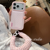 15pro简约14pro新款 babypain 秋冬可爱治愈蓝粉色波点皮质适用iPhone17promax手机壳苹果16pro格纹腕带方式