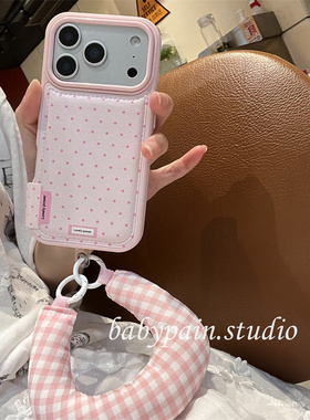 babypain 秋冬可爱治愈蓝粉色波点皮质适用iPhone17promax手机壳苹果16pro格纹腕带方式15pro简约14pro新款13
