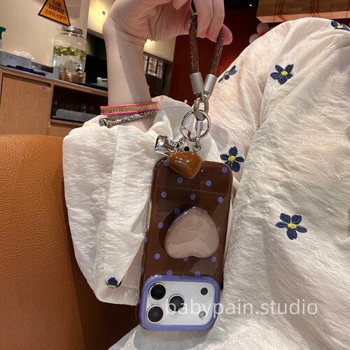 babypain美拉德ins风深棕色适用iPhone17promax手机壳苹果16pro爱心支架15pro挂绳防摔新款18pro蓝色波点简约