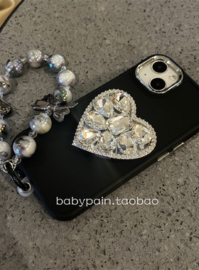 ins风黑色高级感适用iPhone14promax手机壳苹果12爱心镶钻支架13pro链条11磨砂软xr