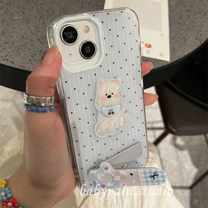 babypain ins夏日清新蓝色波点西高地适用iPhone16promax手机壳苹果14折叠支架13promax少女