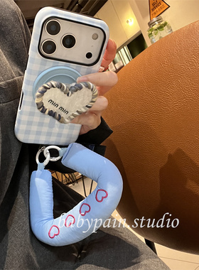 babypain ins风秋冬浪漫海盐蓝格纹适用iPhone17promax手机壳苹果16pro毛线爱心磁吸支架14pro腕带15pro女13