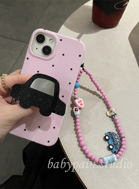 babypain韩系ins风紫色波点适用iPhone15promax手机壳苹果14可爱黑色汽车镜子支架13pro硅胶软壳16卡通保护套