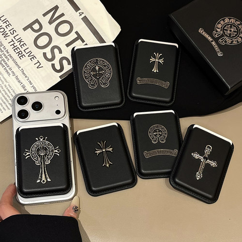 潮牌立体十字架磁吸卡套适用卡片证件收纳袋高品质仿皮隐形支架