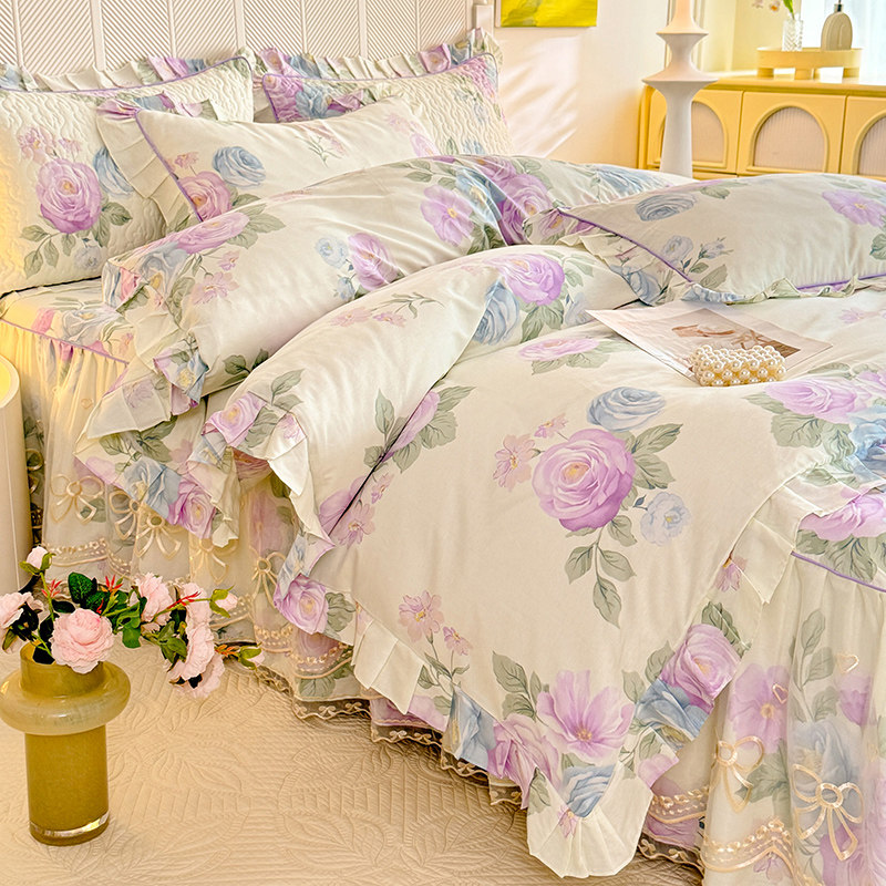 韩式公主风床裙款全棉四件套100纯棉床上用品蕾丝花边床单罩被套4